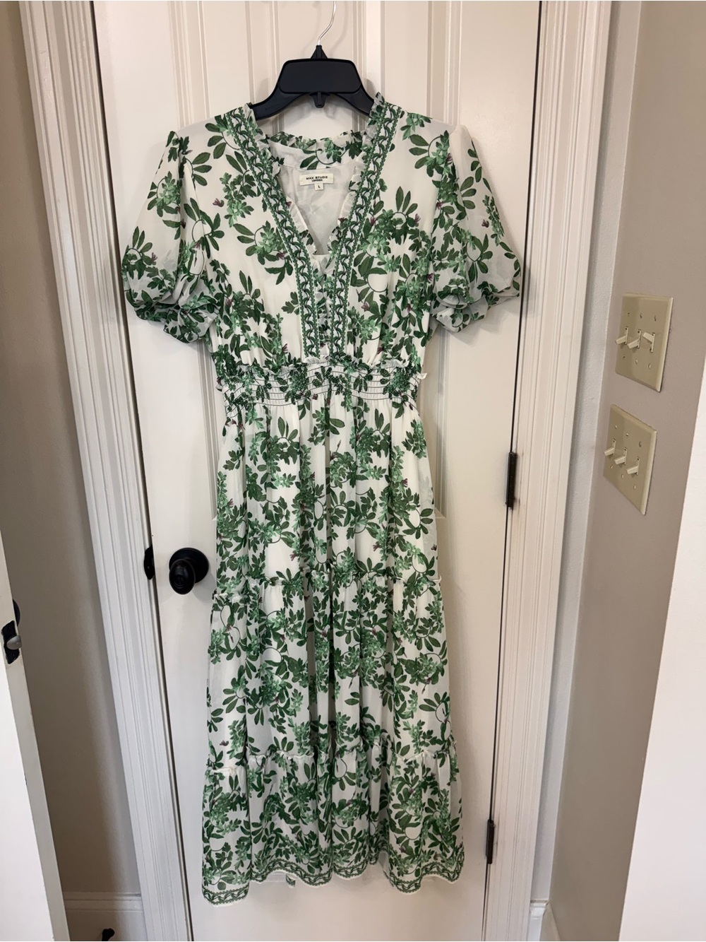 Max Studio White Maxi Dress with Green Floral Print